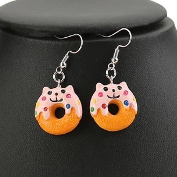 Cat Theme Pink Sprinkled Donut Drop Earrings - Picture 1 of 4